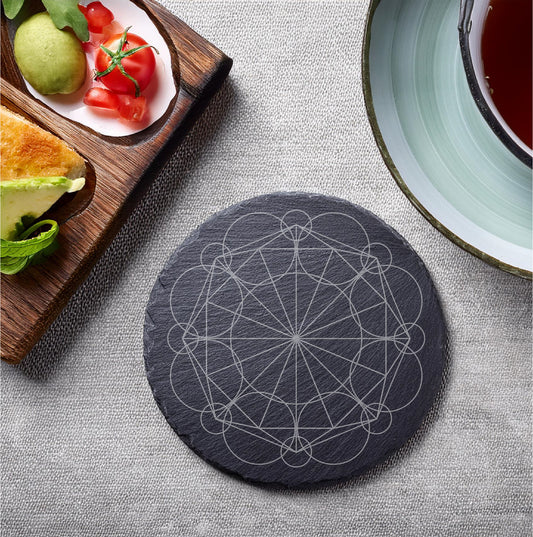 Laser Engraved Slate Coasters with Metal Holder – Set of 6 – "Celestial Harmony" Collection (Round or Square)