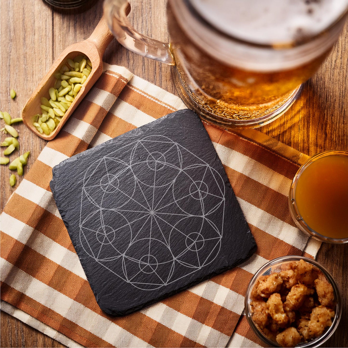 Laser Engraved Slate Coasters with Metal Holder – Set of 6 – "Celestial Harmony" Collection (Round or Square)