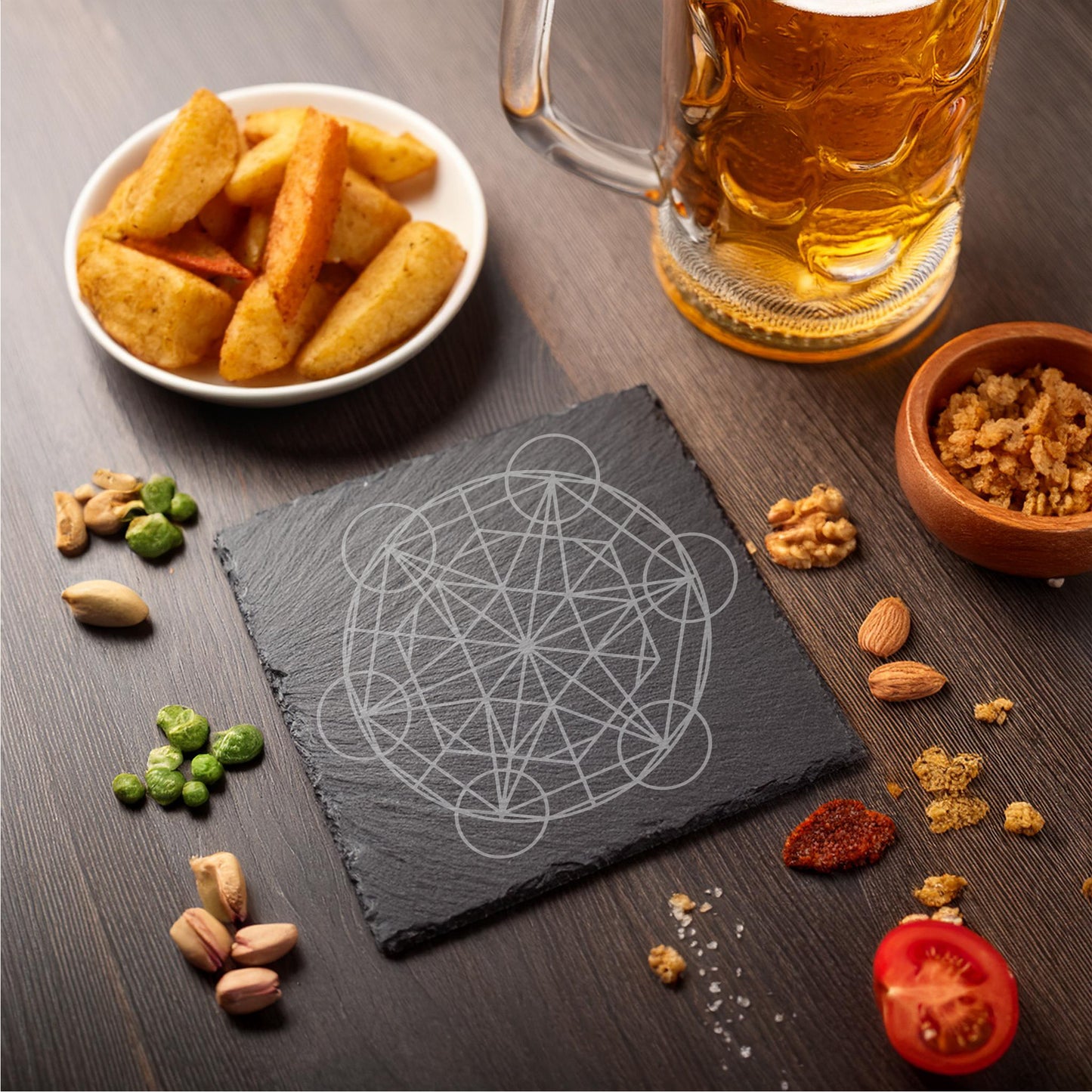 Laser Engraved Slate Coasters with Metal Holder – Set of 6 – "Celestial Harmony" Collection (Round or Square)