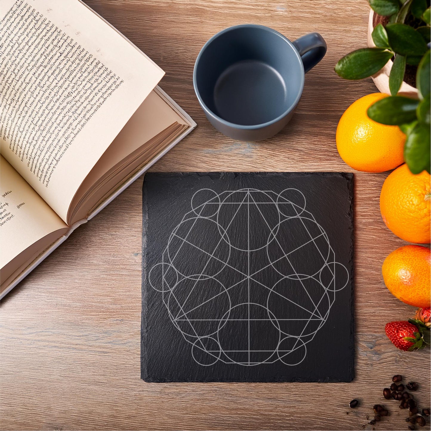 Laser Engraved Slate Coasters with Metal Holder – Set of 6 – "Celestial Harmony" Collection (Round or Square)