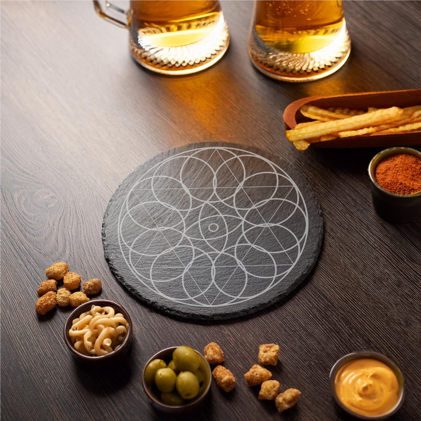 Laser Engraved Slate Coasters with Metal Holder – Set of 6 – "Ethereal Balance" Collection (Round or Square)