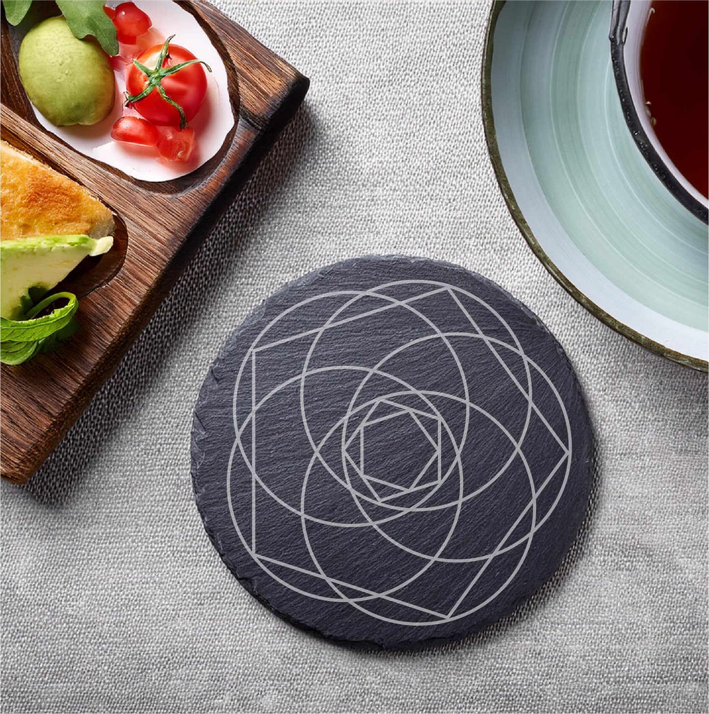 Laser Engraved Slate Coasters with Metal Holder – Set of 6 – "Ethereal Balance" Collection (Round or Square)