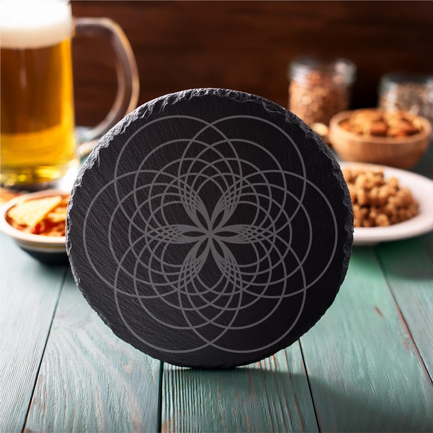 Laser Engraved Slate Coasters with Metal Holder – Set of 6 – "Geometric Radiance" Collection (Round or Square)