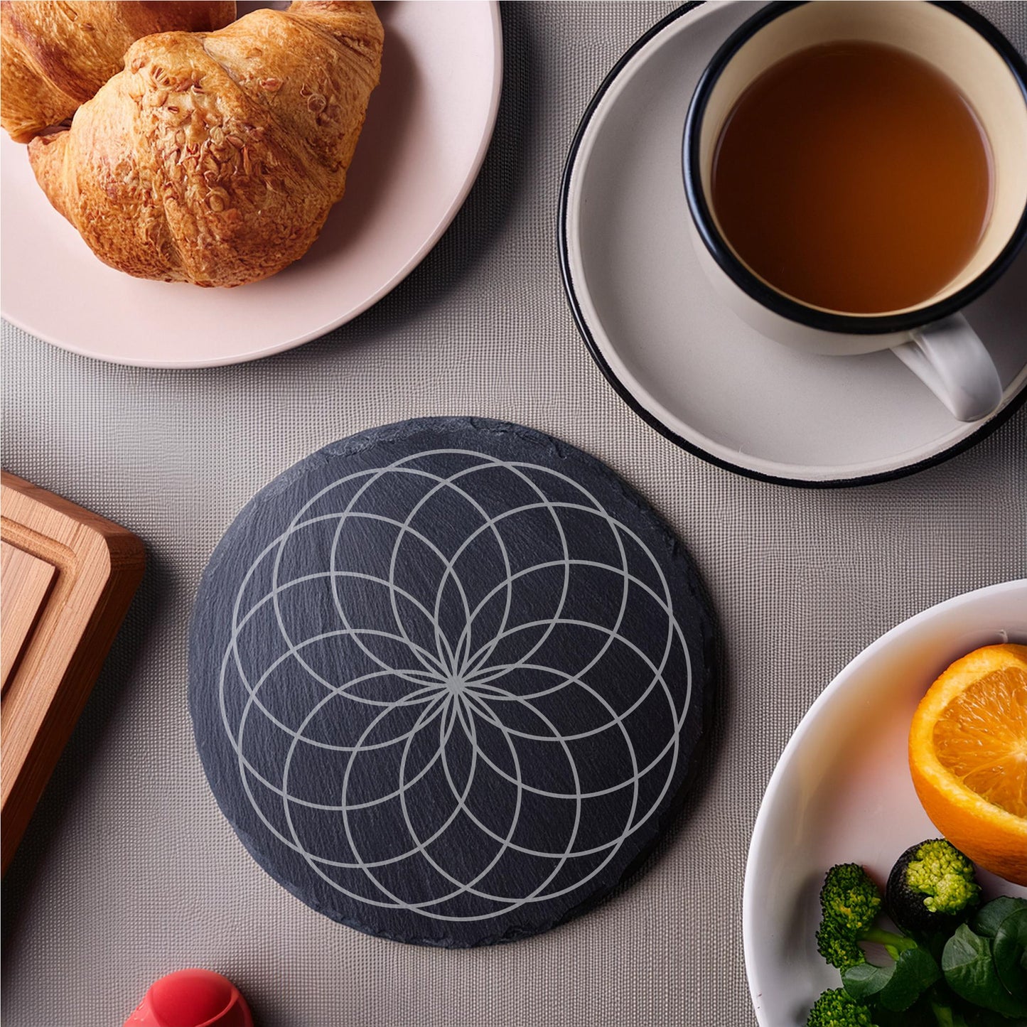 Laser Engraved Slate Coasters with Metal Holder – Set of 6 – "Ethereal Balance" Collection (Round or Square)