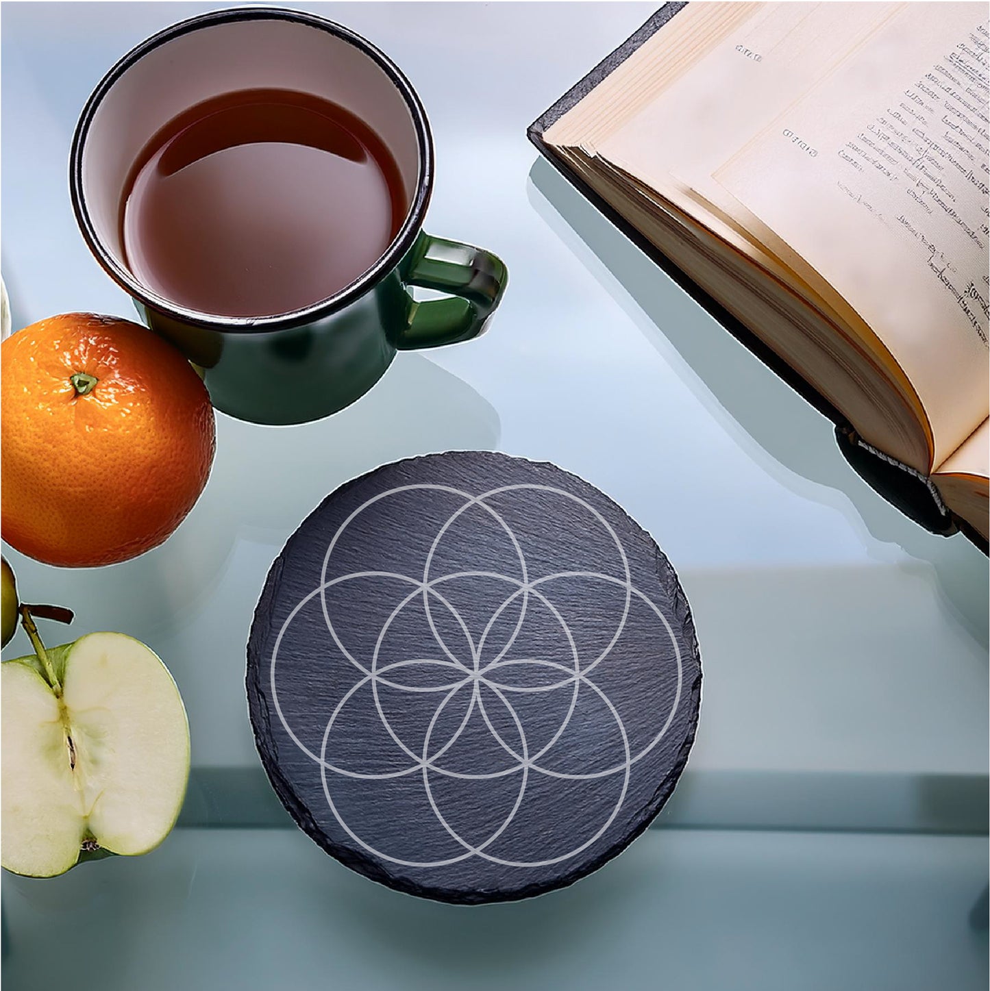 Laser Engraved Slate Coasters with Metal Holder – Set of 6 – "Ethereal Balance" Collection (Round or Square)