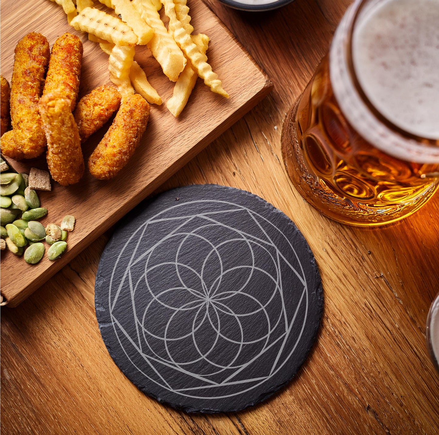 Laser Engraved Slate Coasters with Metal Holder – Set of 6 – "Ethereal Balance" Collection (Round or Square)