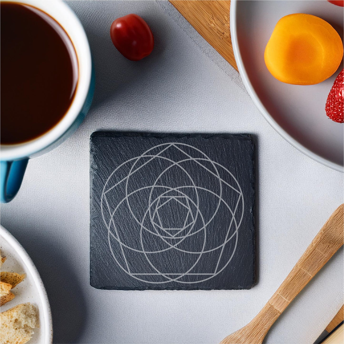 Laser Engraved Slate Coasters with Metal Holder – Set of 6 – "Ethereal Balance" Collection (Round or Square)