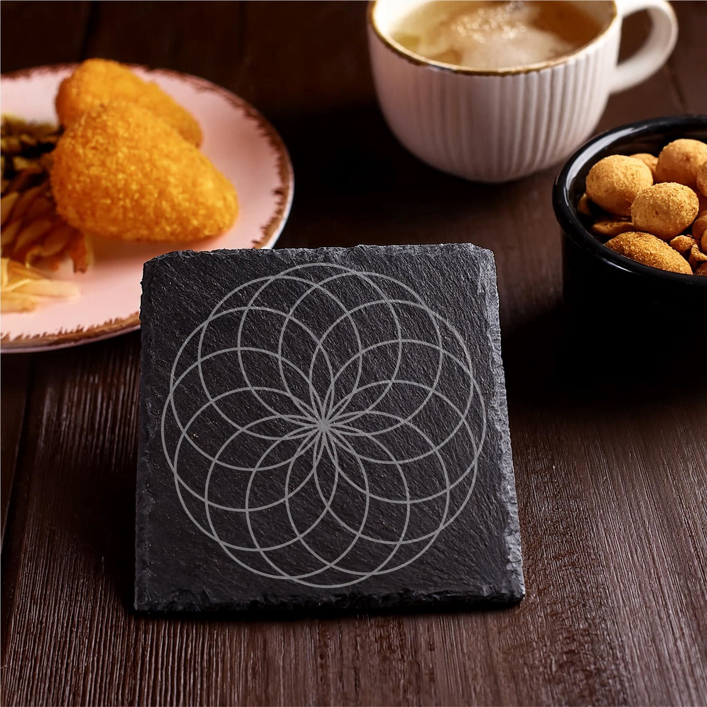 Laser Engraved Slate Coasters with Metal Holder – Set of 6 – "Ethereal Balance" Collection (Round or Square)