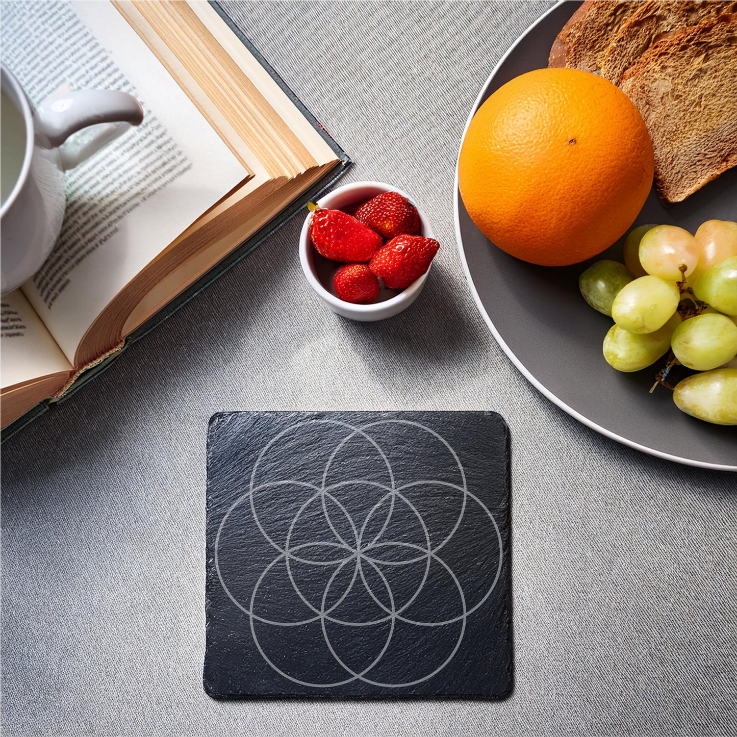 Laser Engraved Slate Coasters with Metal Holder – Set of 6 – "Ethereal Balance" Collection (Round or Square)