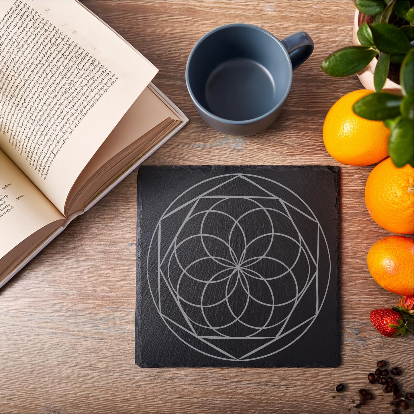 Laser Engraved Slate Coasters with Metal Holder – Set of 6 – "Ethereal Balance" Collection (Round or Square)