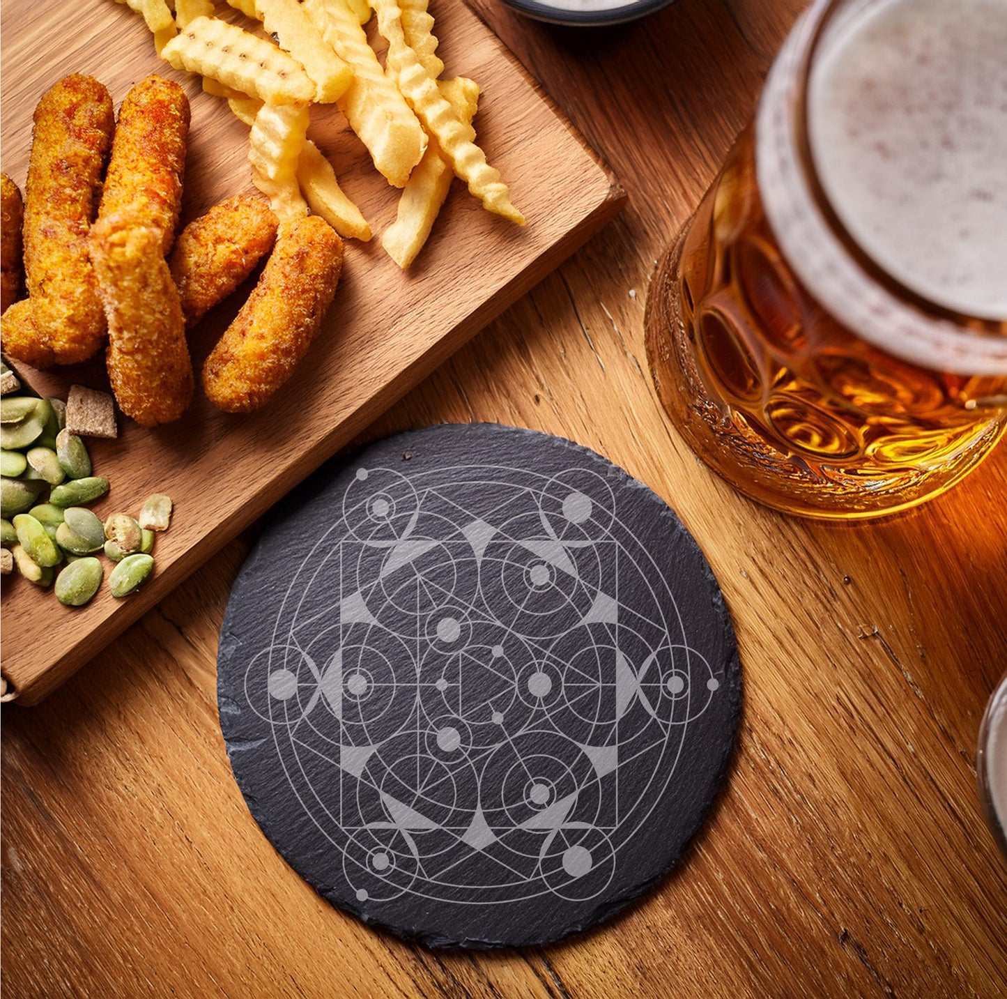 Laser Engraved Slate Coasters with Metal Holder – Set of 6 – "Geometric Radiance" Collection (Round or Square)