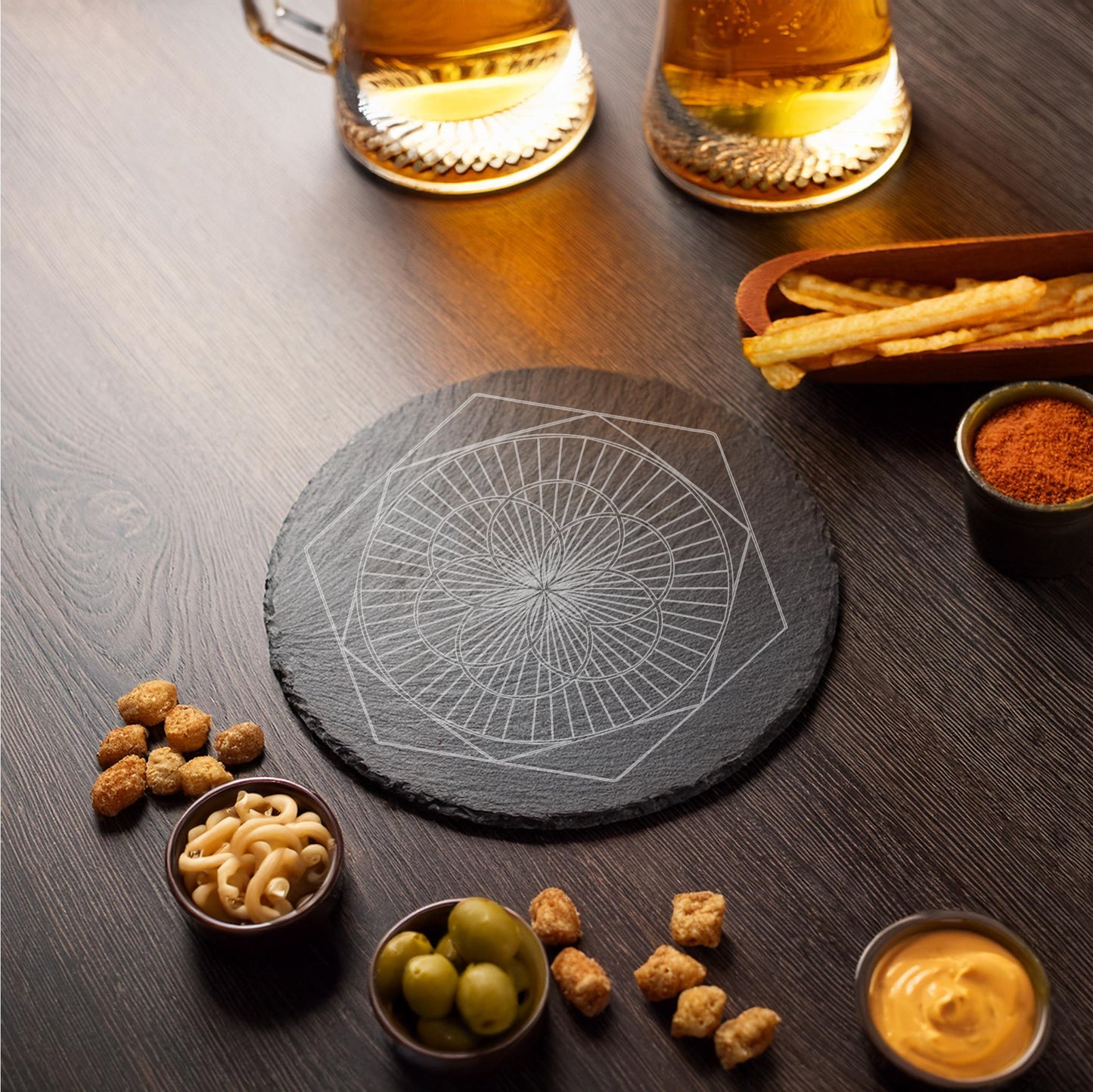 Laser Engraved Slate Coasters with Metal Holder – Set of 6 – "Geometric Radiance" Collection (Round or Square)