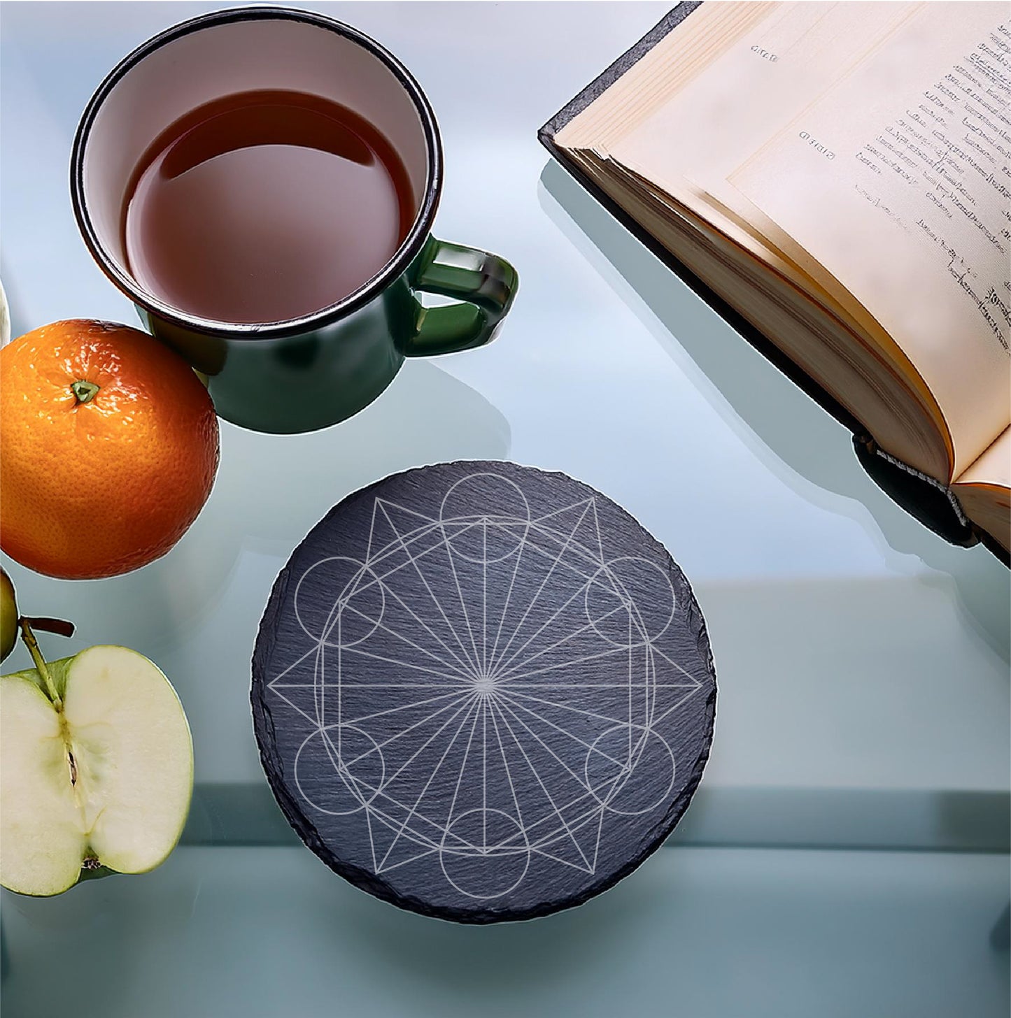 Laser Engraved Slate Coasters with Metal Holder – Set of 6 – "Celestial Harmony" Collection (Round or Square)