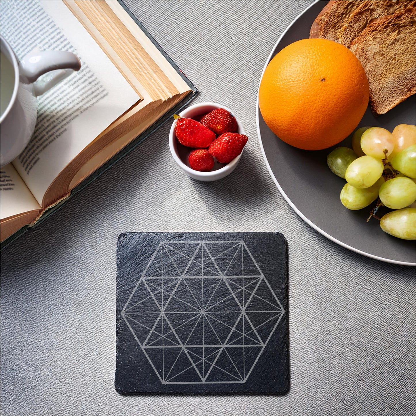 Laser Engraved Slate Coasters with Metal Holder – Set of 6 – "Geometric Radiance" Collection (Round or Square)