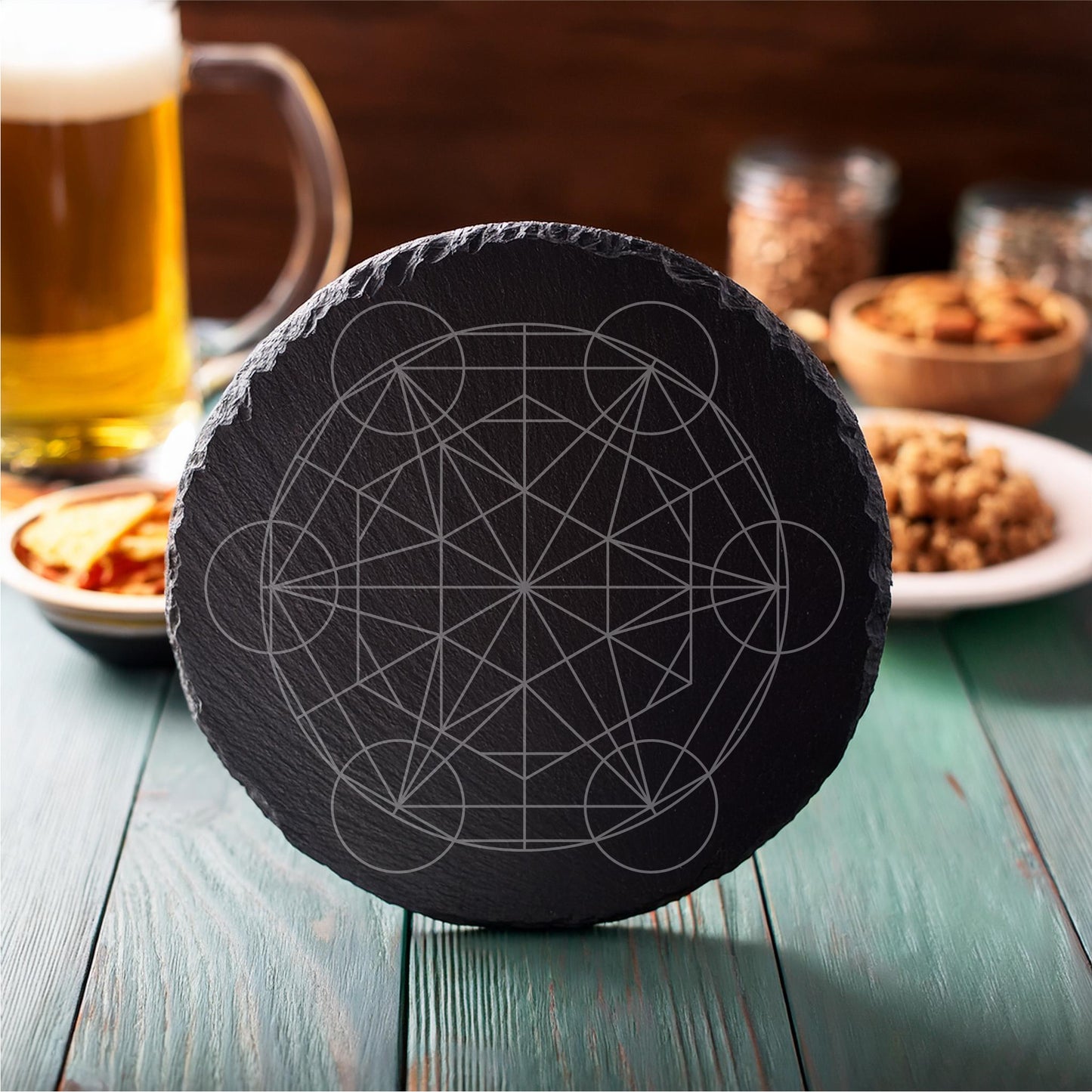 Laser Engraved Slate Coasters with Metal Holder – Set of 6 – "Celestial Harmony" Collection (Round or Square)