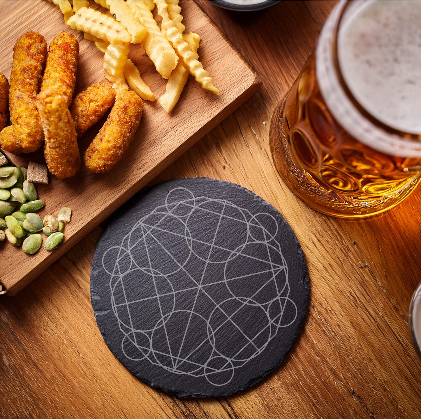 Laser Engraved Slate Coasters with Metal Holder – Set of 6 – "Celestial Harmony" Collection (Round or Square)