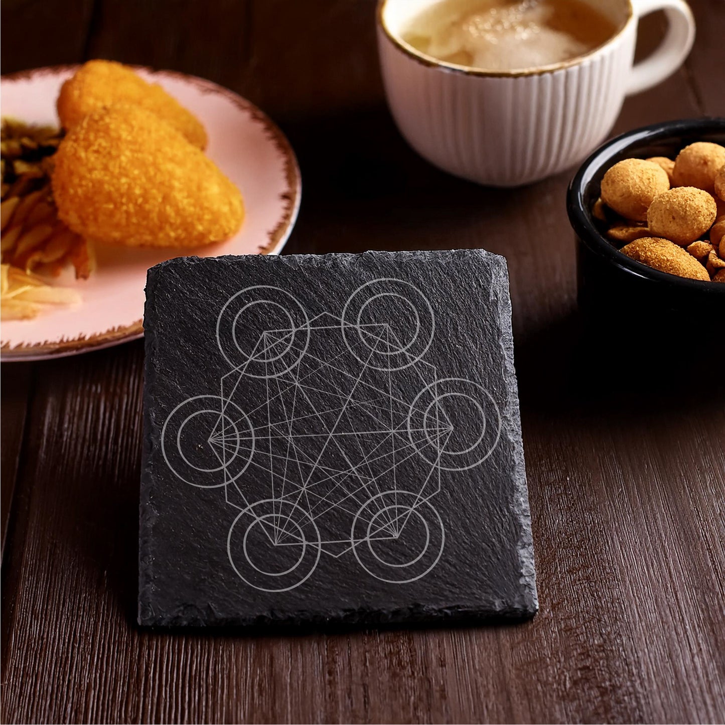 Laser Engraved Slate Coasters with Metal Holder – Set of 6 – "Celestial Harmony" Collection (Round or Square)