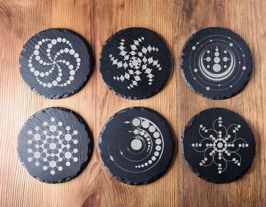 Laser Engraved Slate Coasters with Metal Holder – Set of 6 – "Cosmic Spirals" Collection (Round or Square)