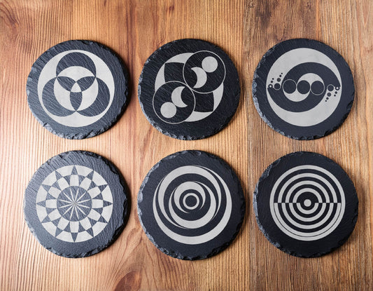 Laser Engraved Slate Coasters with Metal Holder – Set of 6 – "Geometric Orbit" Collection (Round or Square)