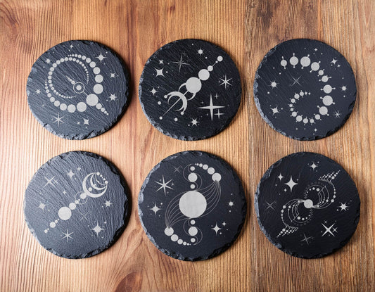 Laser Engraved Slate Coasters with Metal Holder – Set of 6 – "Celestial Wonders" Collection (Round or Square)