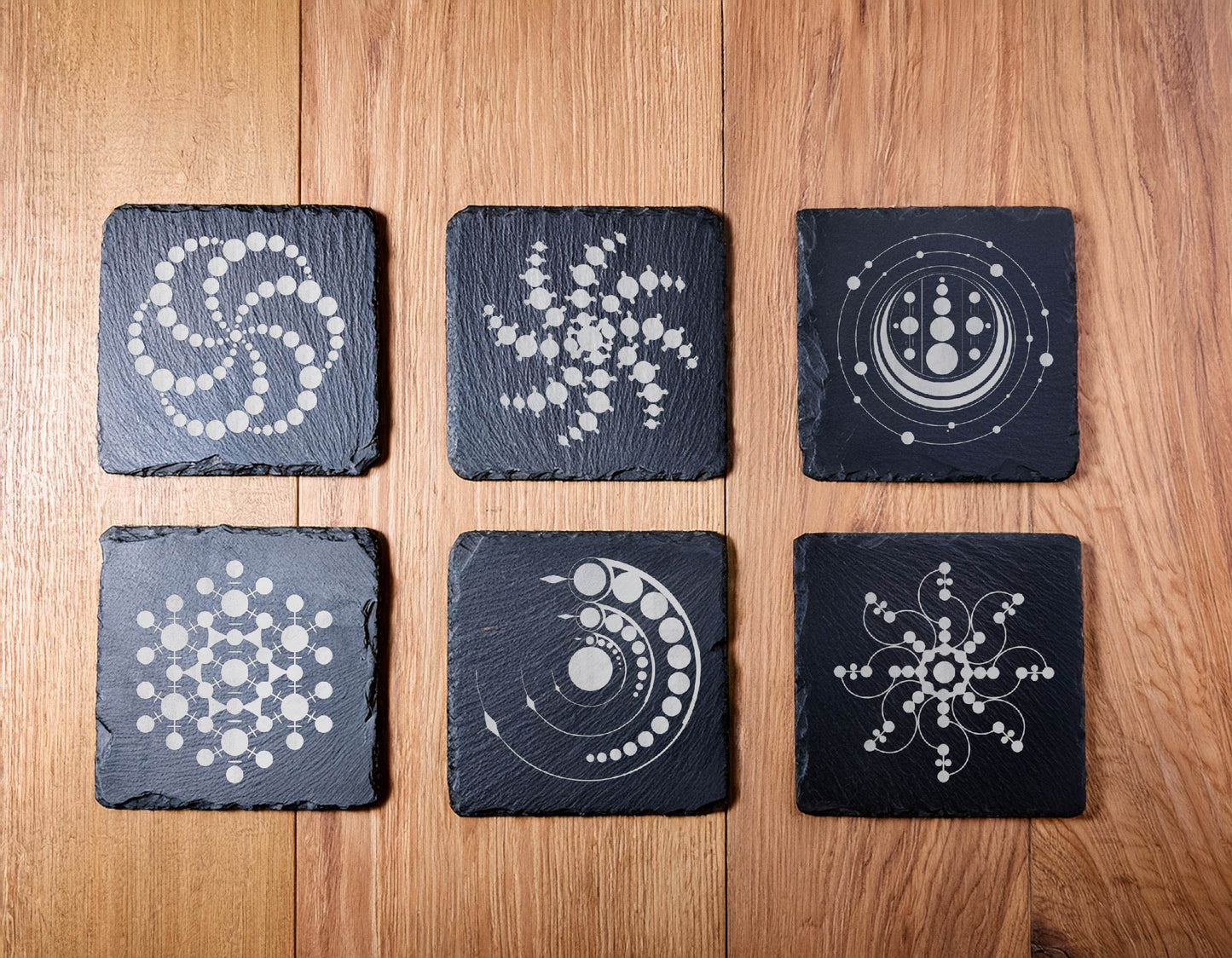 Laser Engraved Slate Coasters with Metal Holder – Set of 6 – "Cosmic Spirals" Collection (Round or Square)