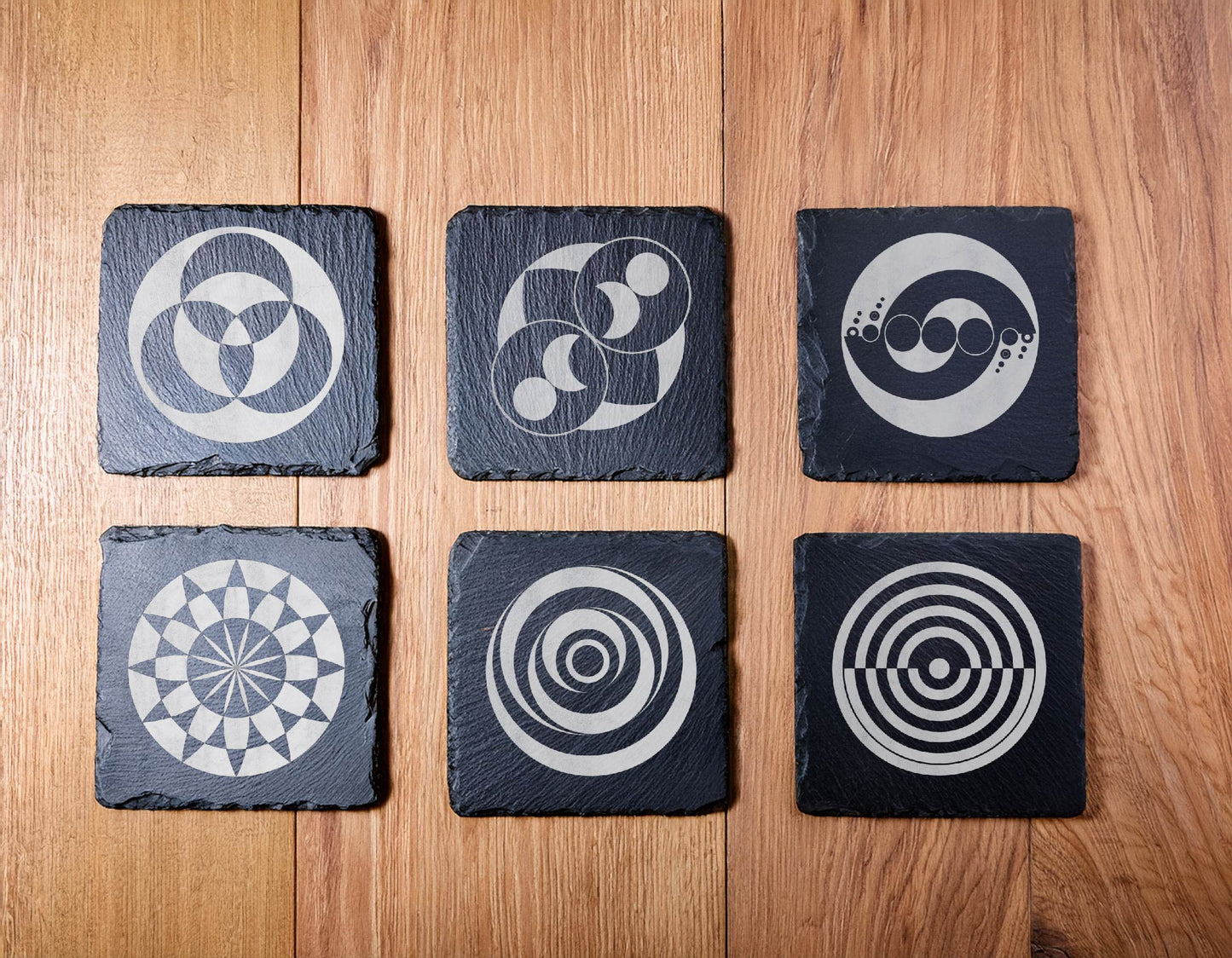 Laser Engraved Slate Coasters with Metal Holder – Set of 6 – "Geometric Orbit" Collection (Round or Square)