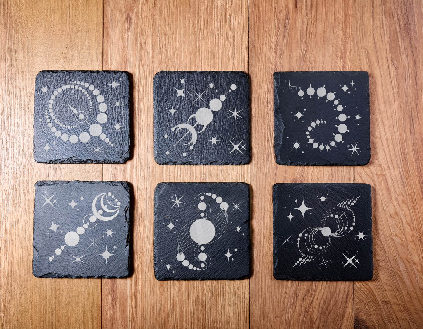 Laser Engraved Slate Coasters with Metal Holder – Set of 6 – "Celestial Wonders" Collection (Round or Square)