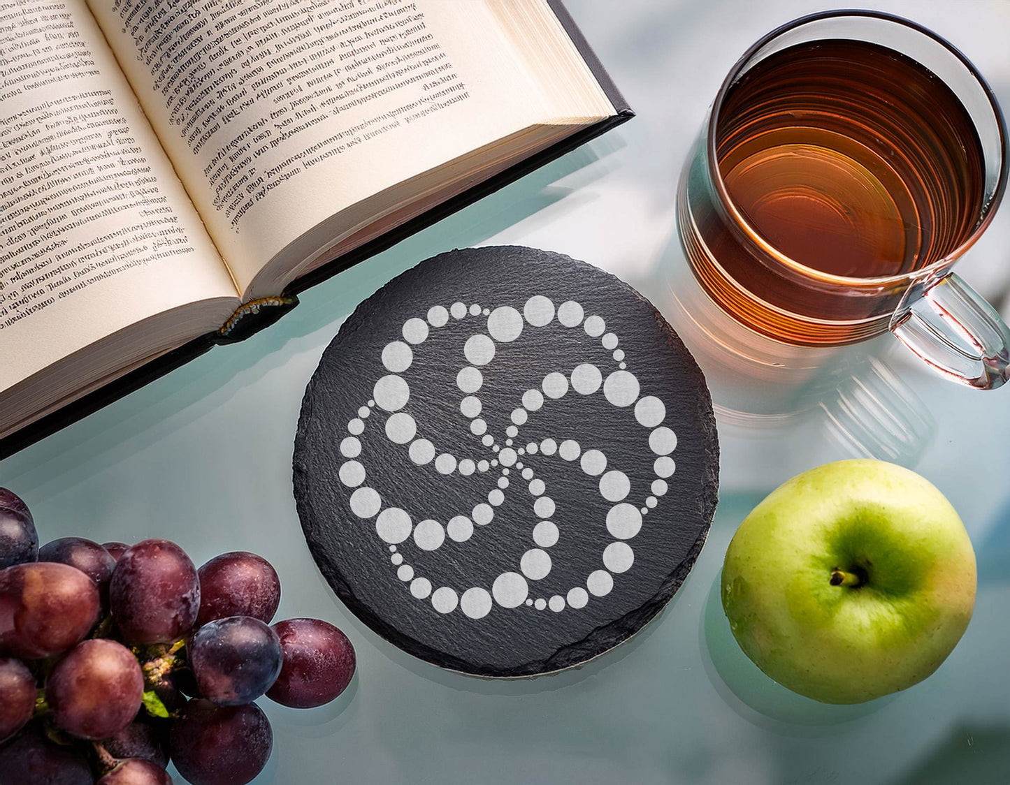 Laser Engraved Slate Coasters with Metal Holder – Set of 6 – "Cosmic Spirals" Collection (Round or Square)