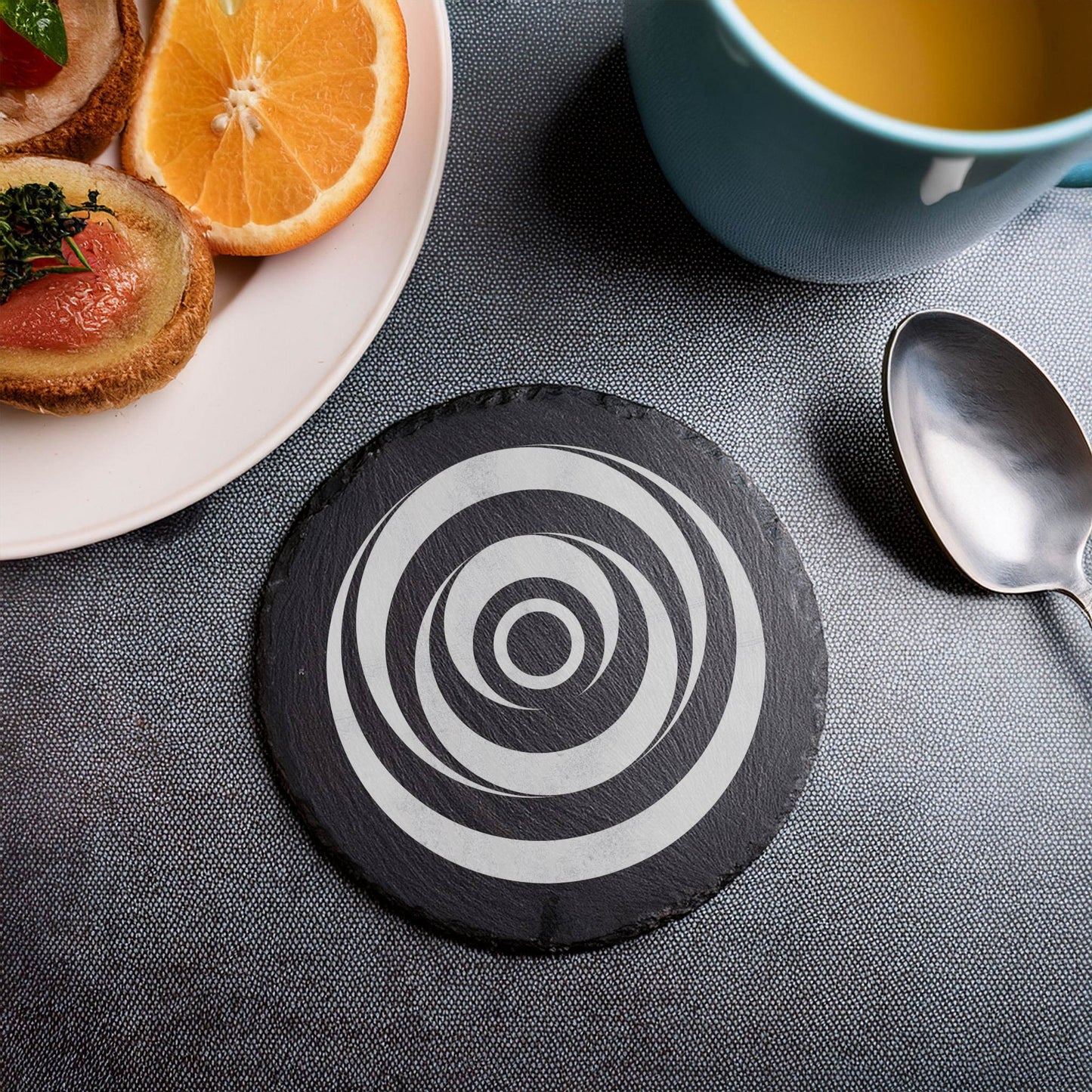 Laser Engraved Slate Coasters with Metal Holder – Set of 6 – "Geometric Orbit" Collection (Round or Square)