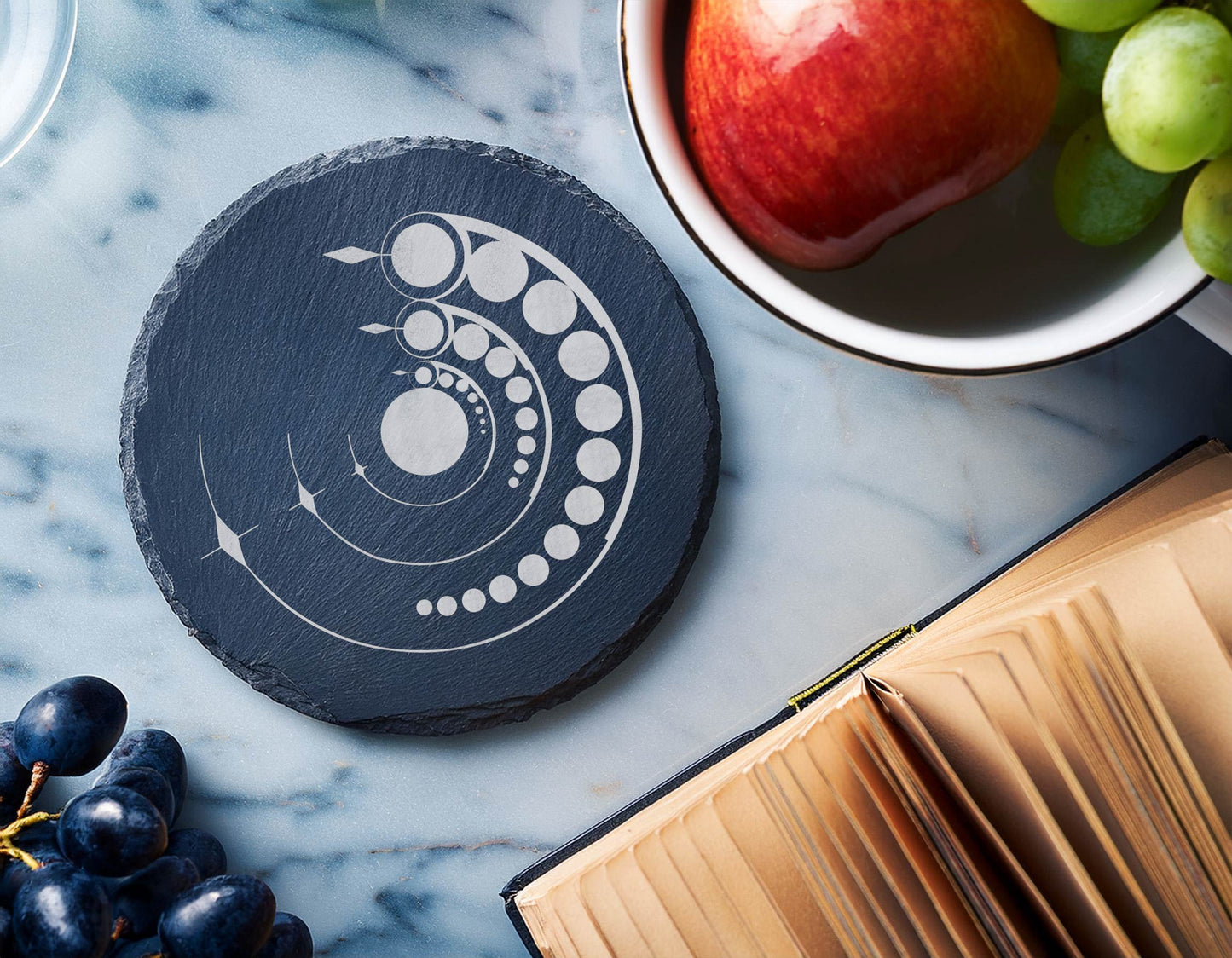 Laser Engraved Slate Coasters with Metal Holder – Set of 6 – "Cosmic Spirals" Collection (Round or Square)