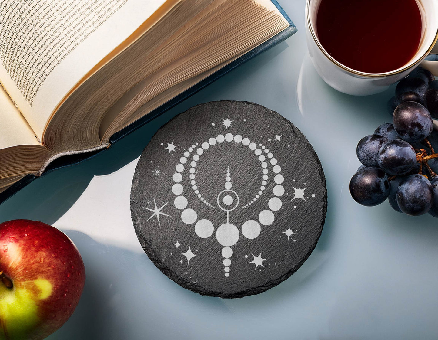 Laser Engraved Slate Coasters with Metal Holder – Set of 6 – "Celestial Wonders" Collection (Round or Square)