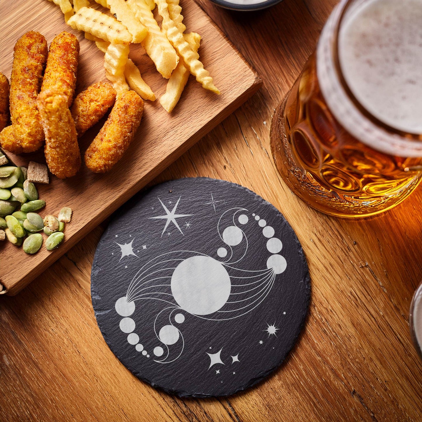 Laser Engraved Slate Coasters with Metal Holder – Set of 6 – "Celestial Wonders" Collection (Round or Square)