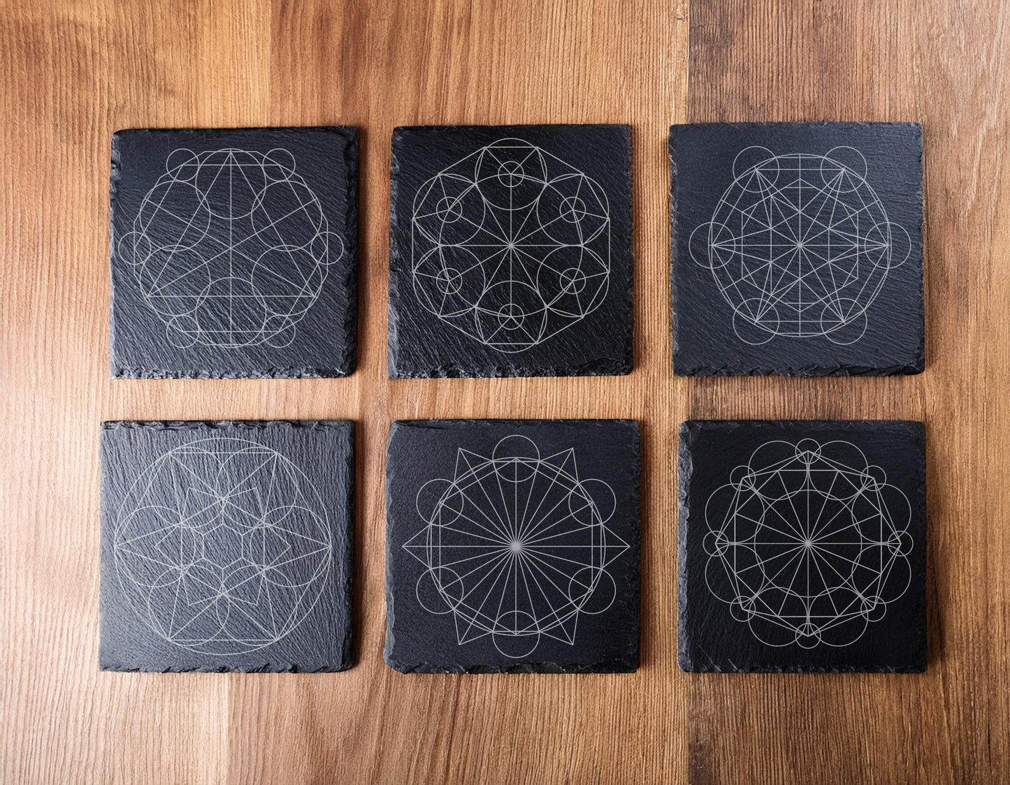 Laser Engraved Slate Coasters with Metal Holder – Set of 6 – "Celestial Harmony" Collection (Round or Square)