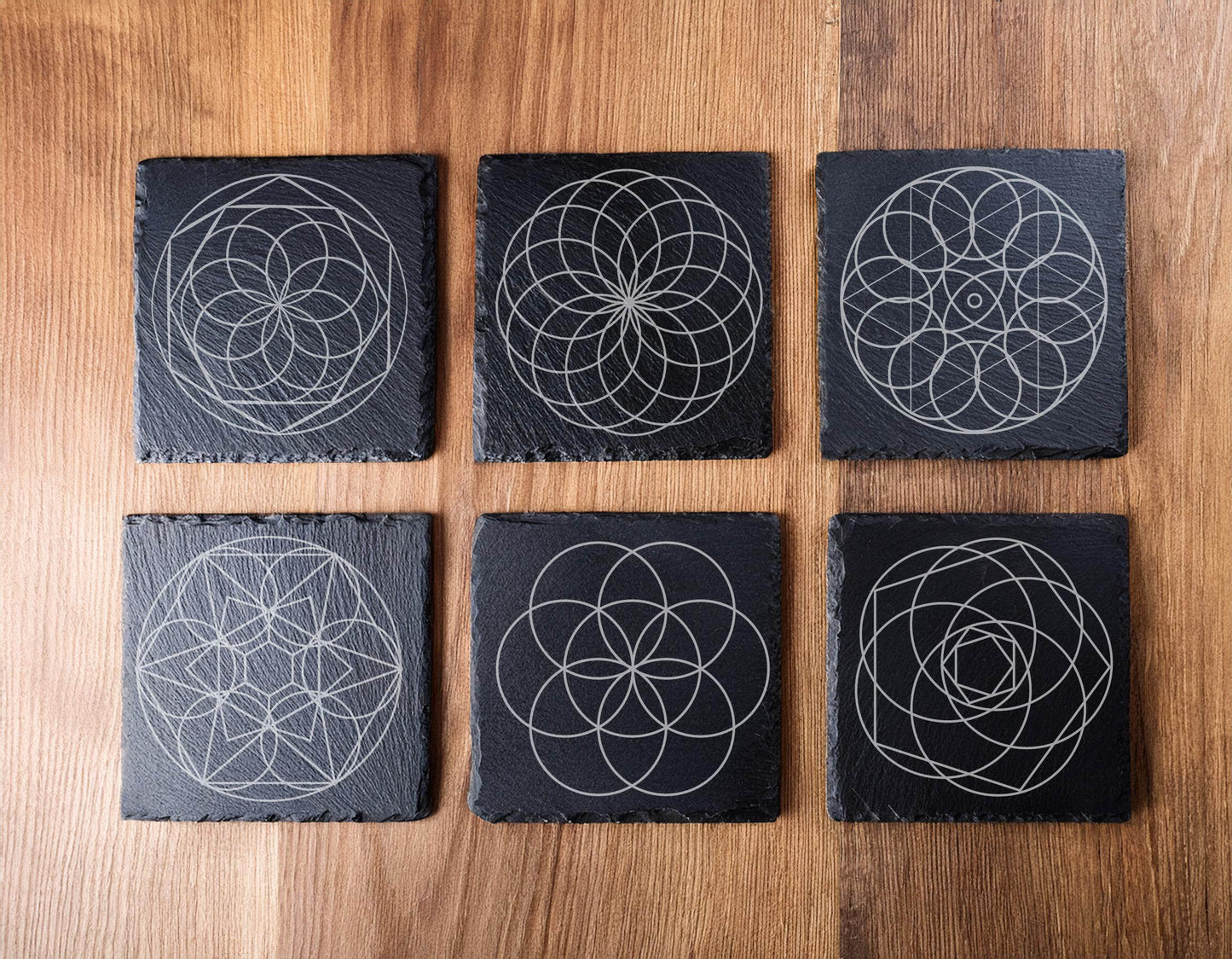 Laser Engraved Slate Coasters with Metal Holder – Set of 6 – "Ethereal Balance" Collection (Round or Square)