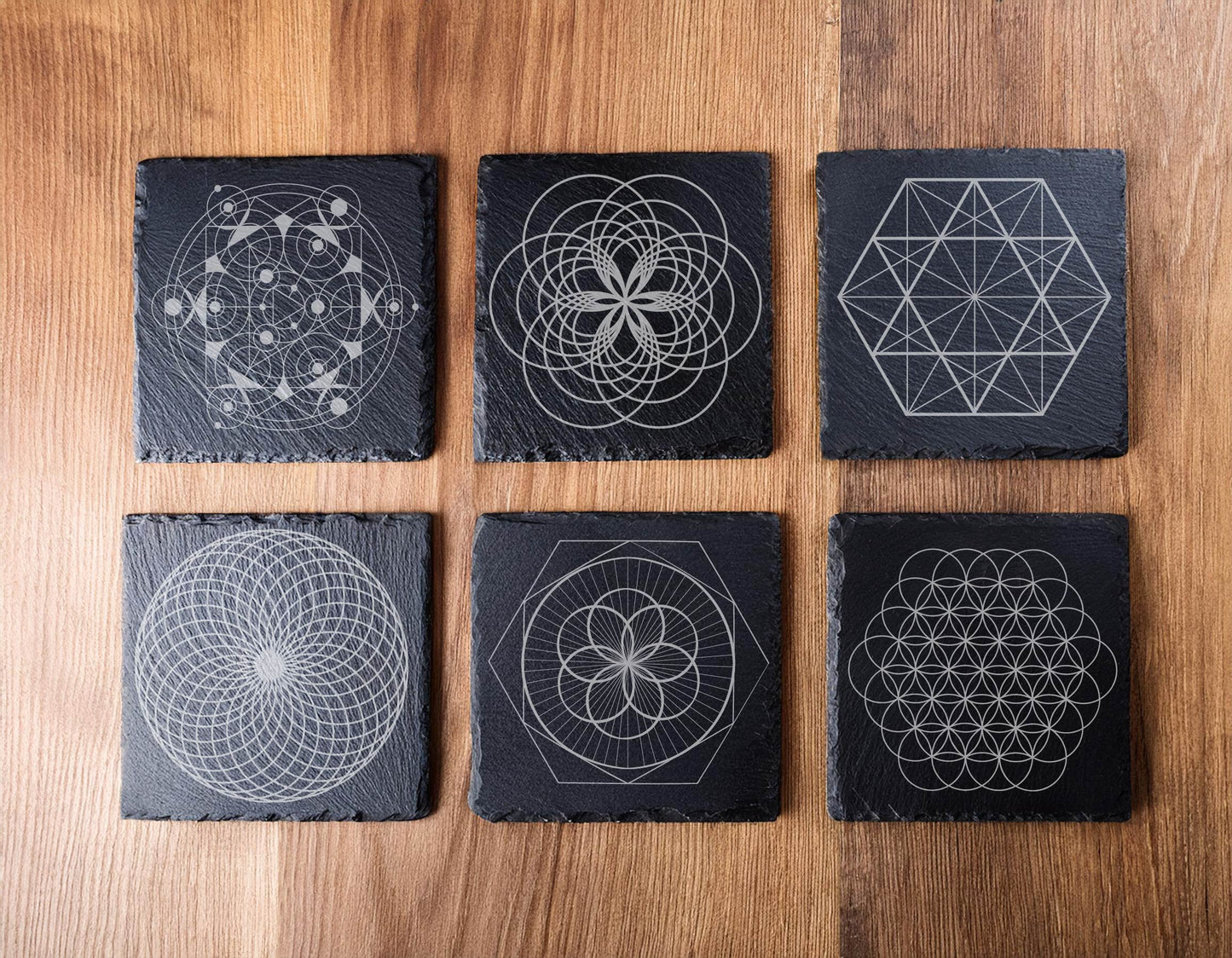 Laser Engraved Slate Coasters with Metal Holder – Set of 6 – "Geometric Radiance" Collection (Round or Square)