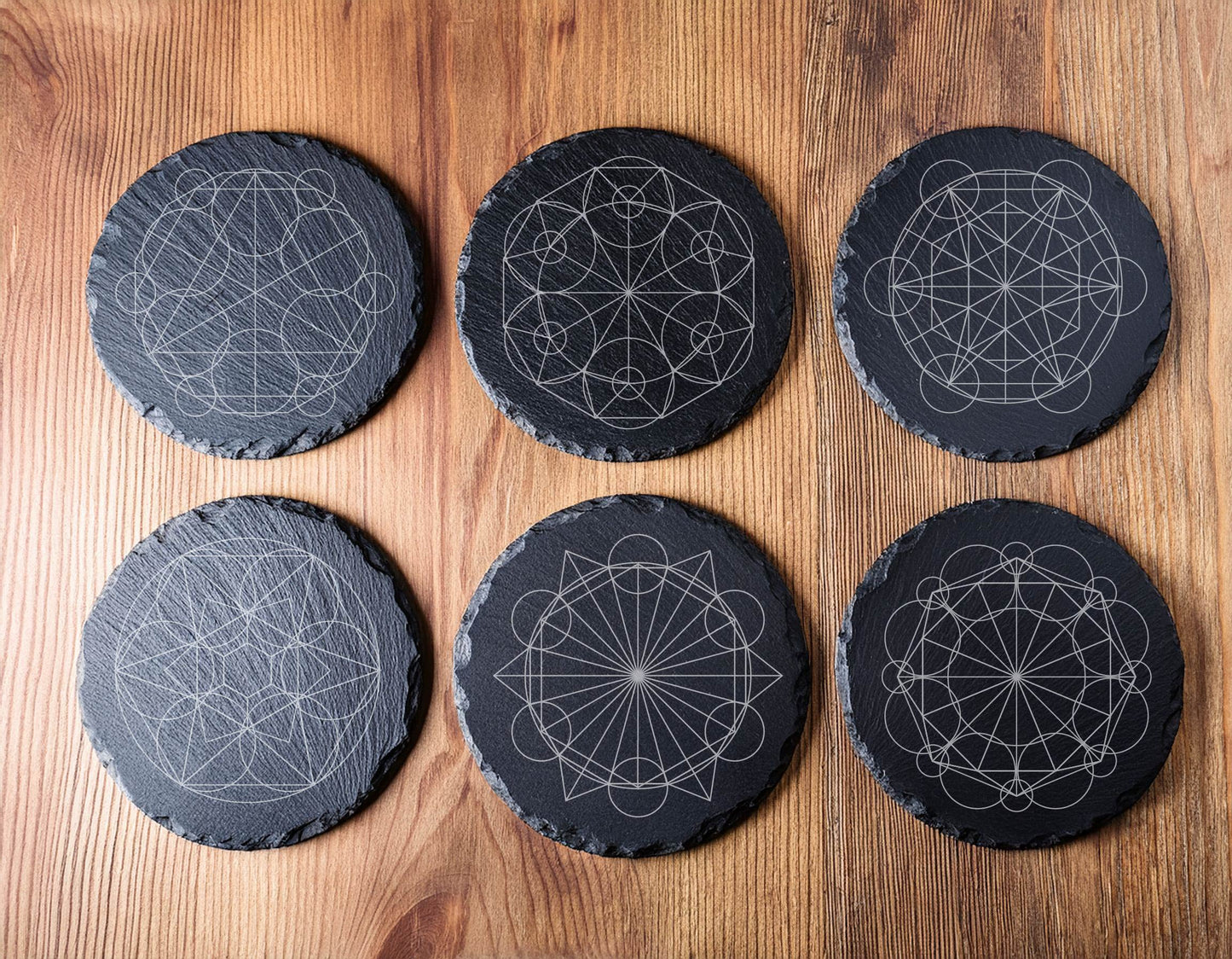 Laser Engraved Slate Coasters with Metal Holder – Set of 6 – "Celestial Harmony" Collection (Round or Square)