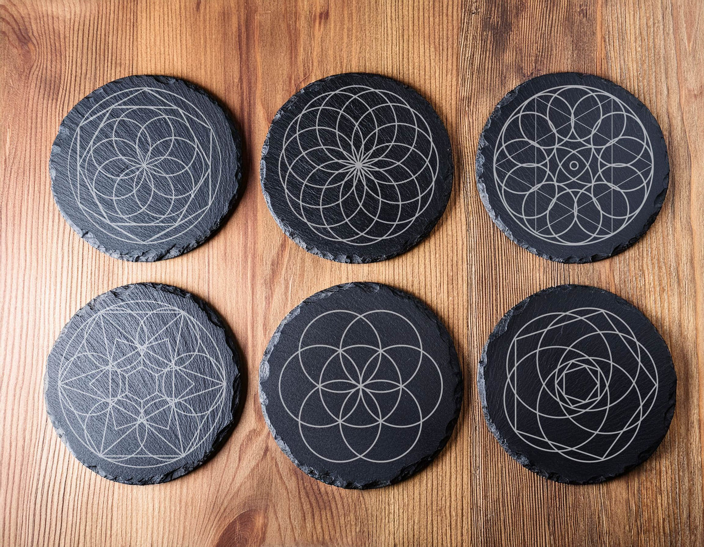 Laser Engraved Slate Coasters with Metal Holder – Set of 6 – "Ethereal Balance" Collection (Round or Square)