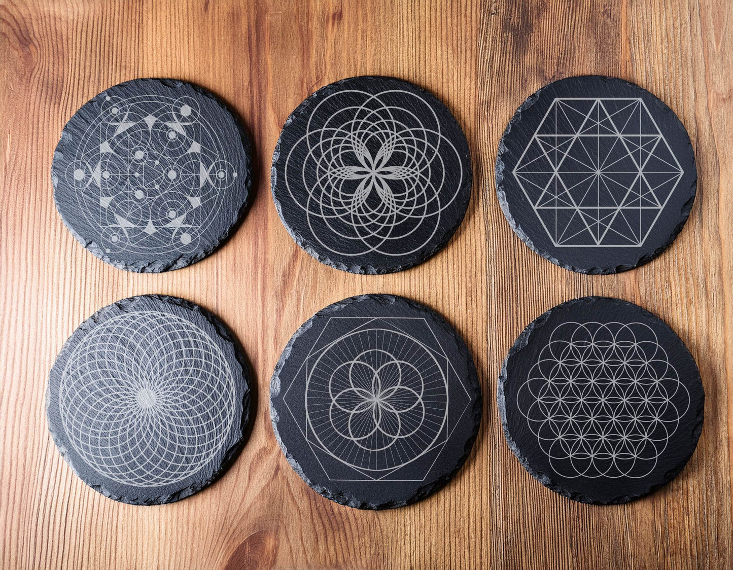 Laser Engraved Slate Coasters with Metal Holder – Set of 6 – "Geometric Radiance" Collection (Round or Square)