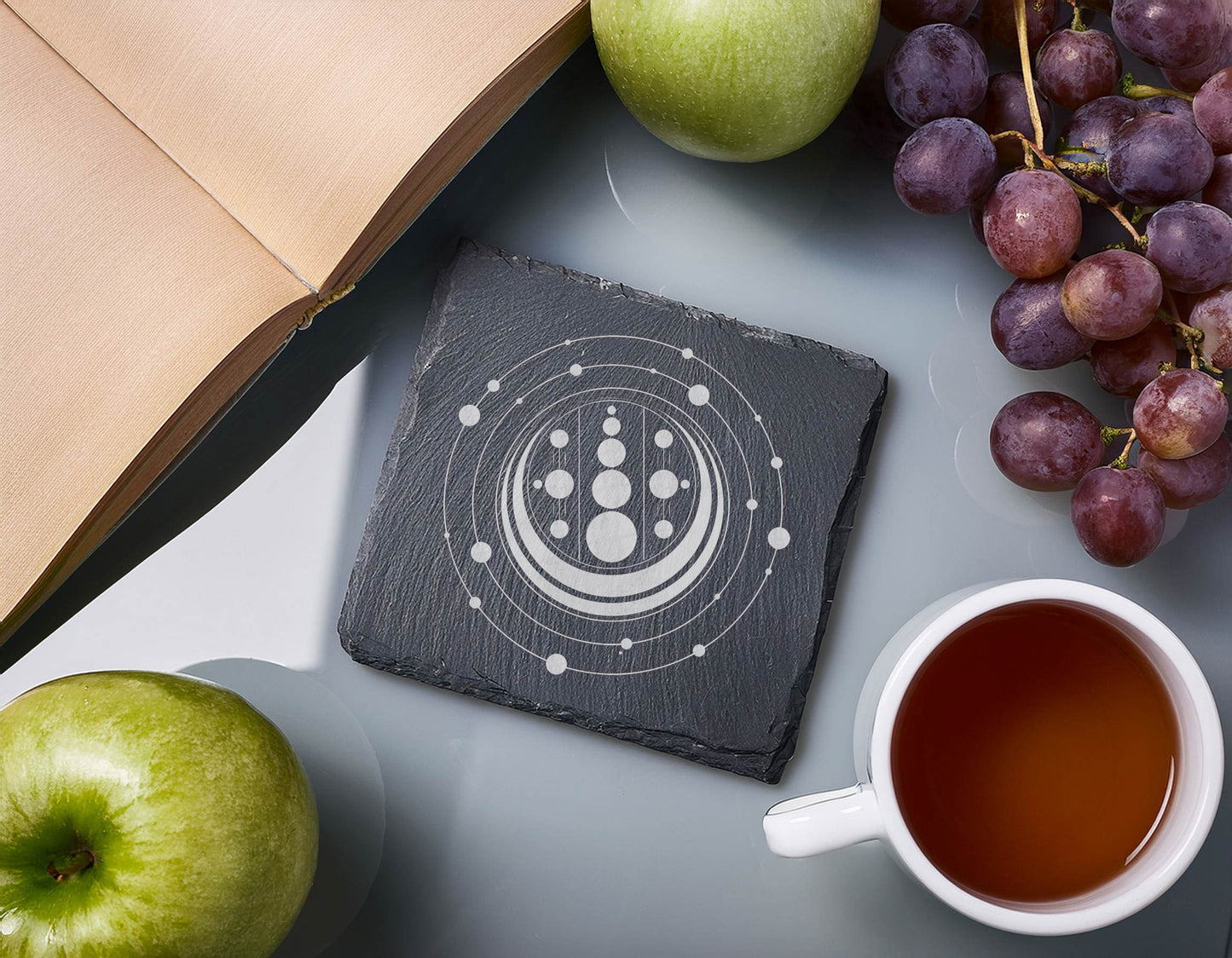 Laser Engraved Slate Coasters with Metal Holder – Set of 6 – "Cosmic Spirals" Collection (Round or Square)