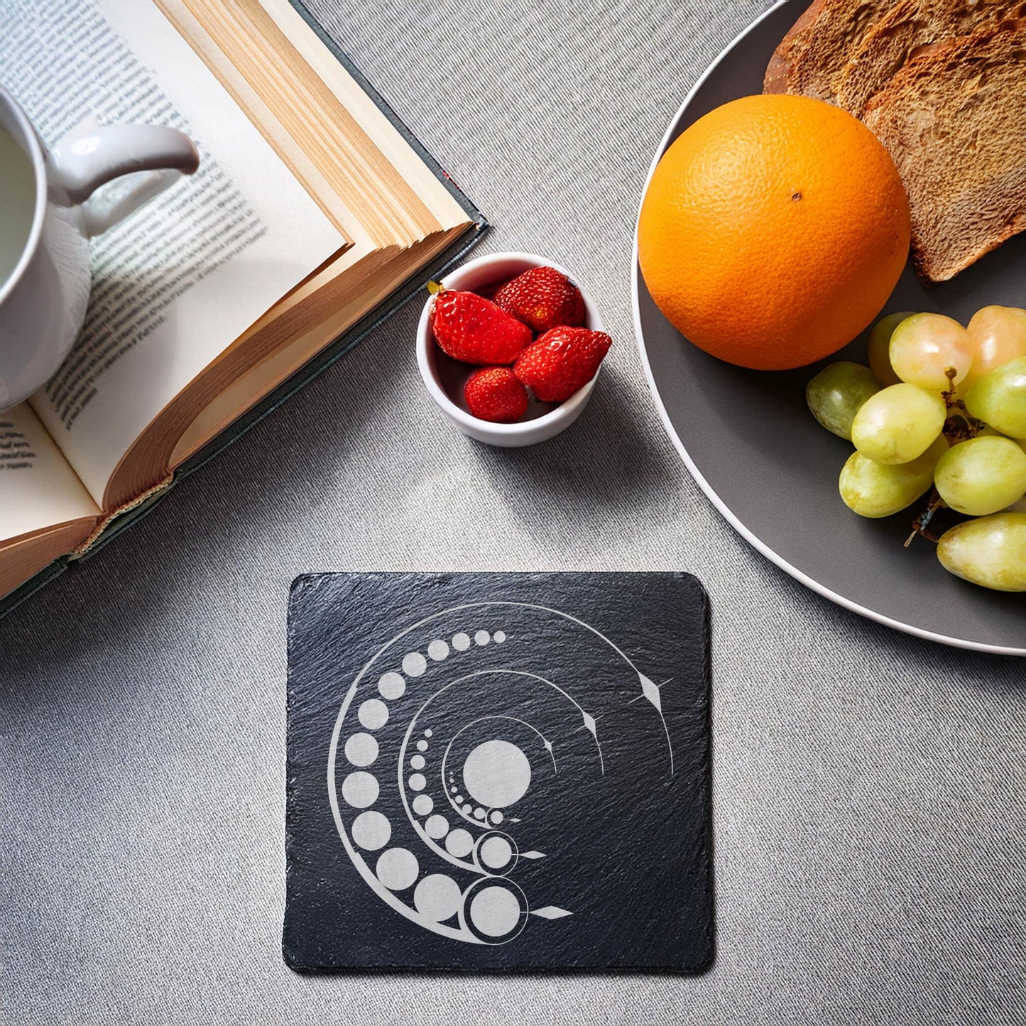 Laser Engraved Slate Coasters with Metal Holder – Set of 6 – "Cosmic Spirals" Collection (Round or Square)