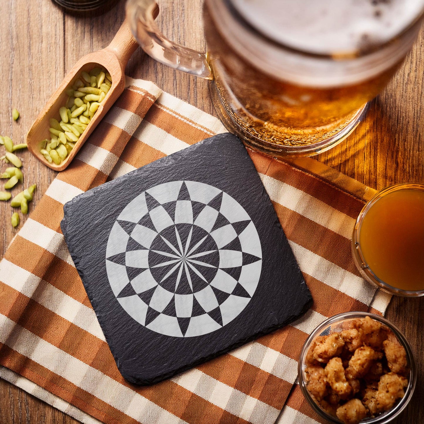 Laser Engraved Slate Coasters with Metal Holder – Set of 6 – "Geometric Orbit" Collection (Round or Square)