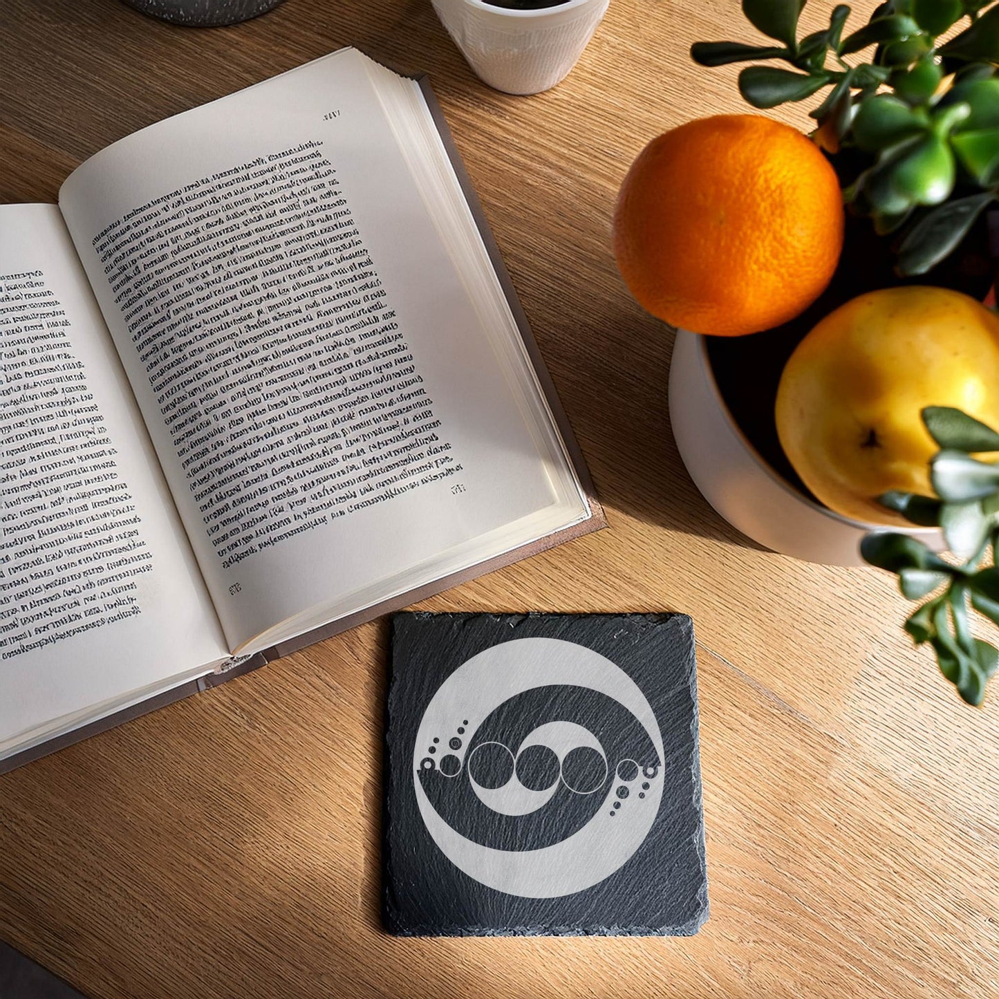 Laser Engraved Slate Coasters with Metal Holder – Set of 6 – "Geometric Orbit" Collection (Round or Square)