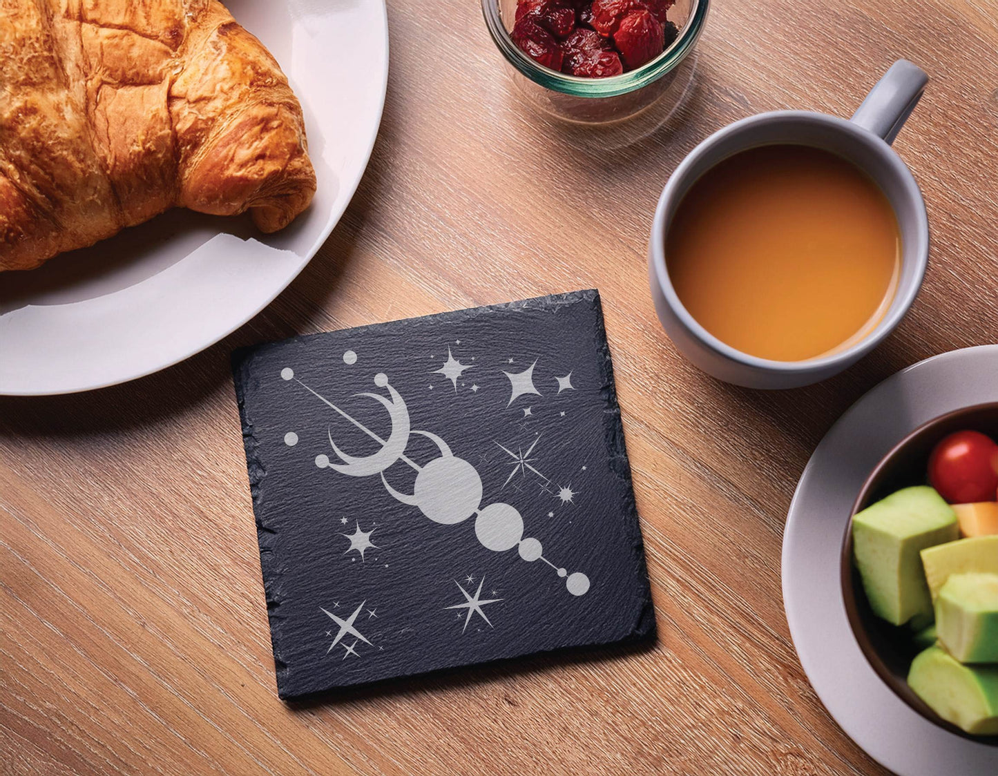 Laser Engraved Slate Coasters with Metal Holder – Set of 6 – "Celestial Wonders" Collection (Round or Square)